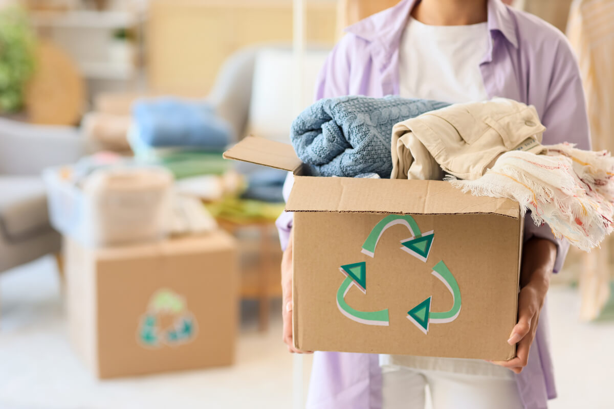 古着が入ったリサイクル段ボールを持つ人
