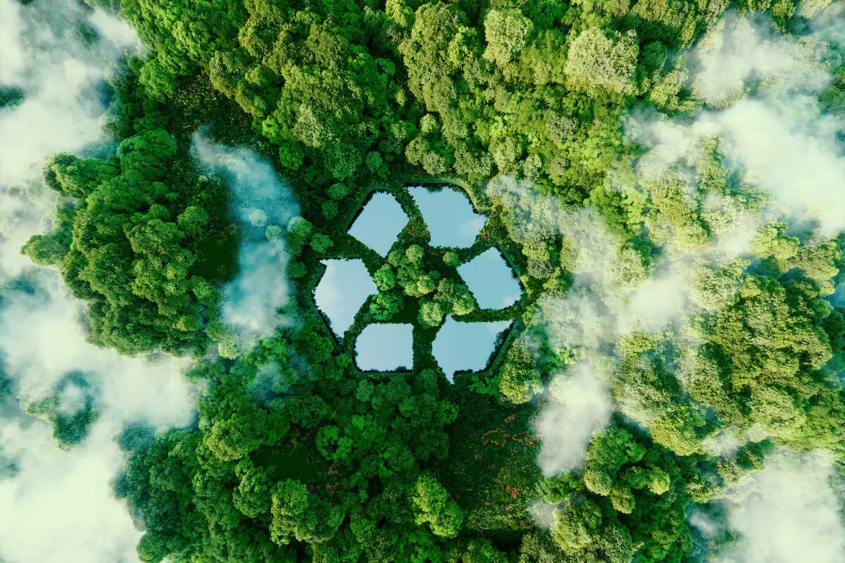 森林上空から見えるリサイクルマーク